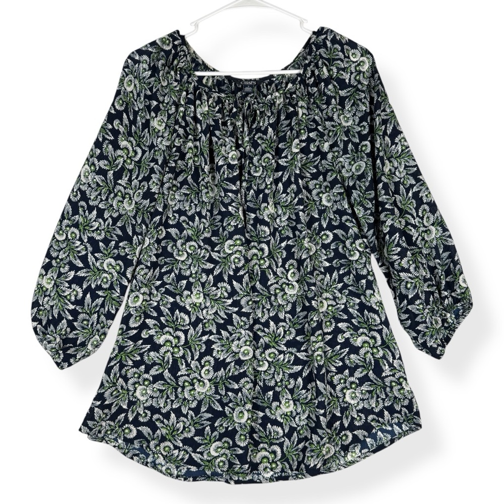 Chaps Topโ Womens M Medium Navy Blue Green White Floral 3/4 Sleeves Keyhole Neck